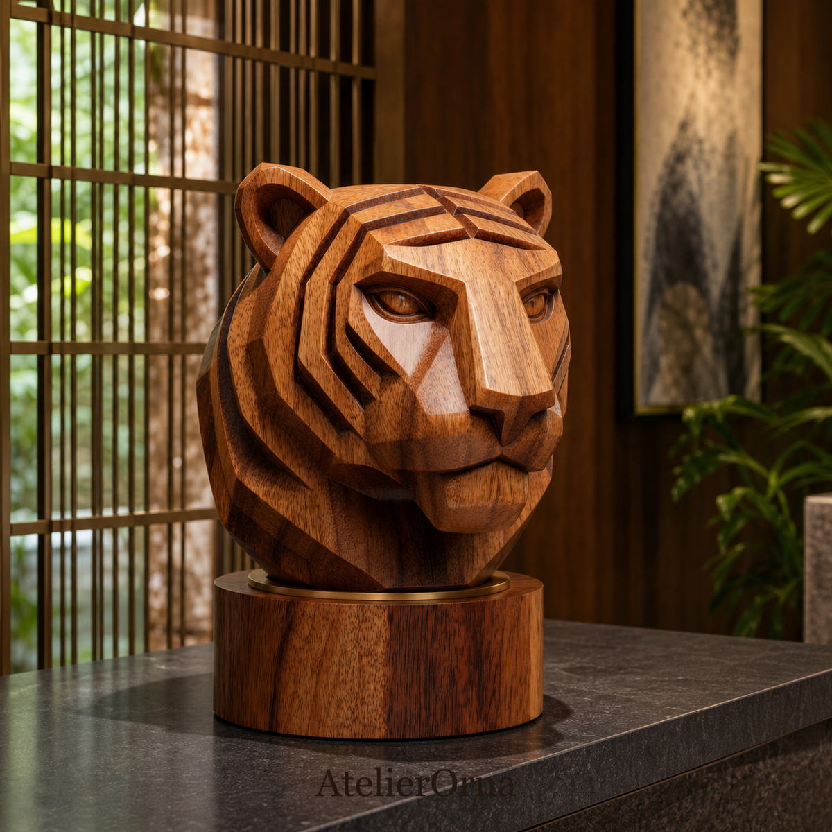 Hand-Carved Geometric Tiger Head Sculpture
