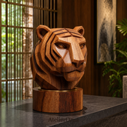 Hand-Carved Geometric Tiger Head Sculpture