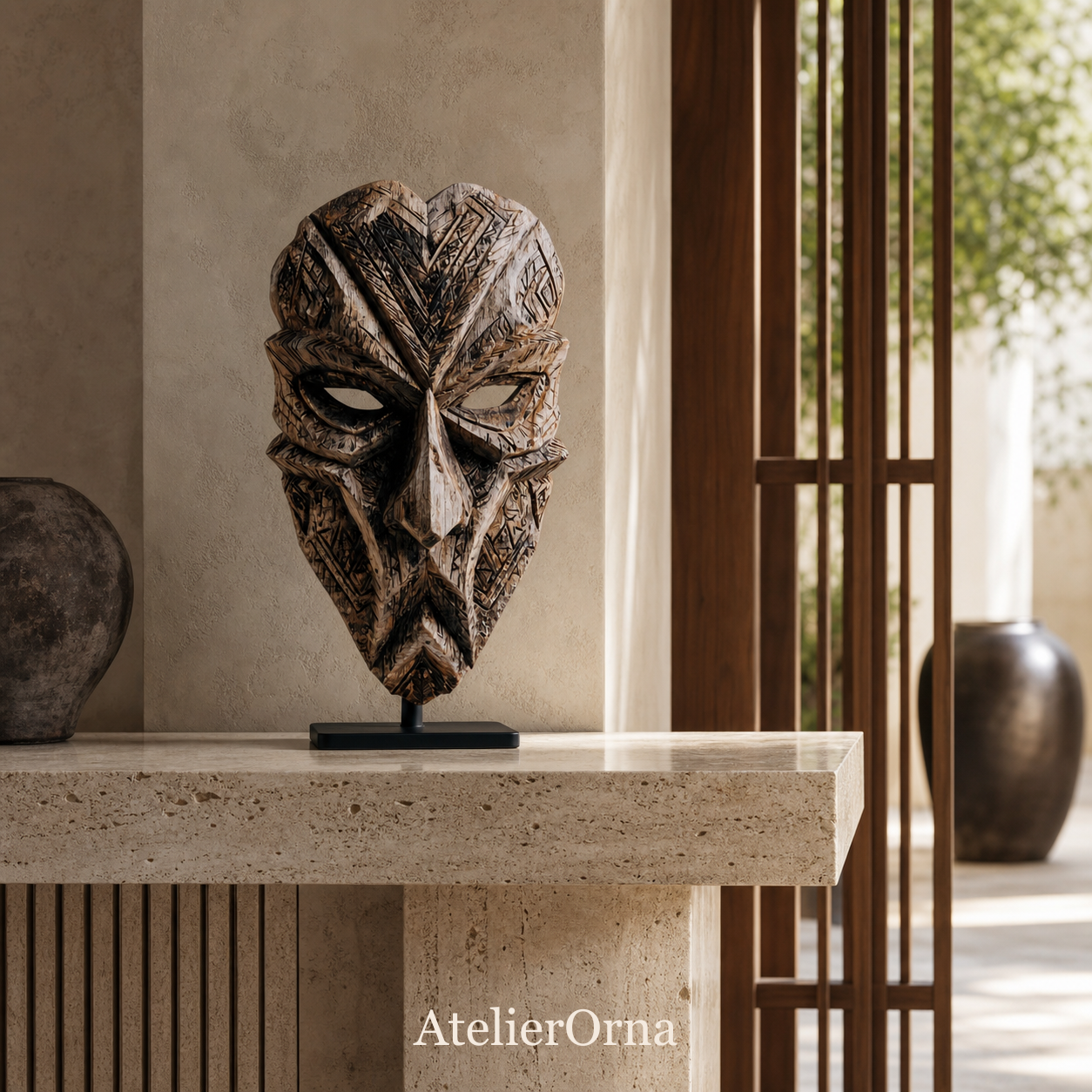 Geometric Ancestral Mask | Wood Sculpture