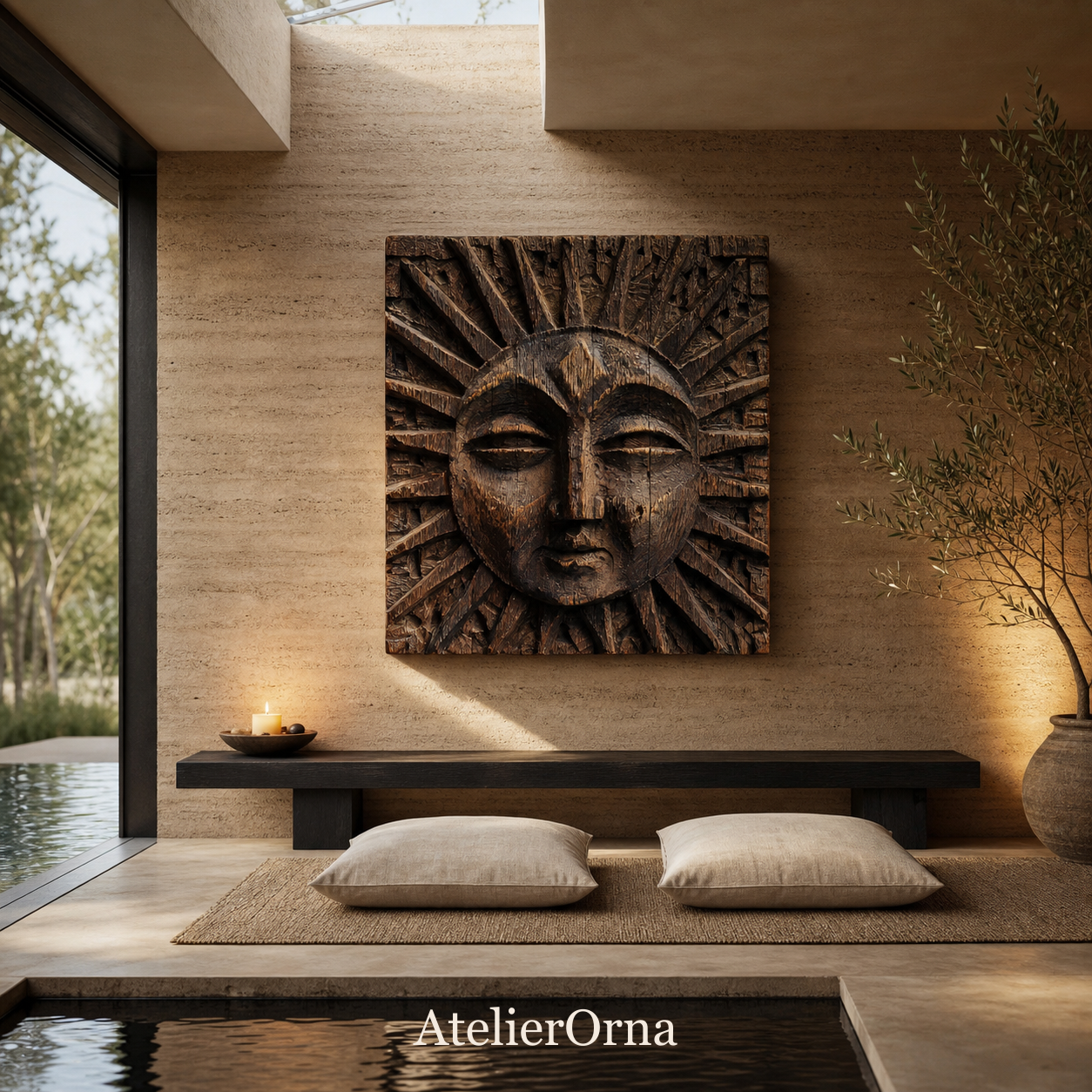 Rustic Sun Meditation | Carved Wood Wall Relief