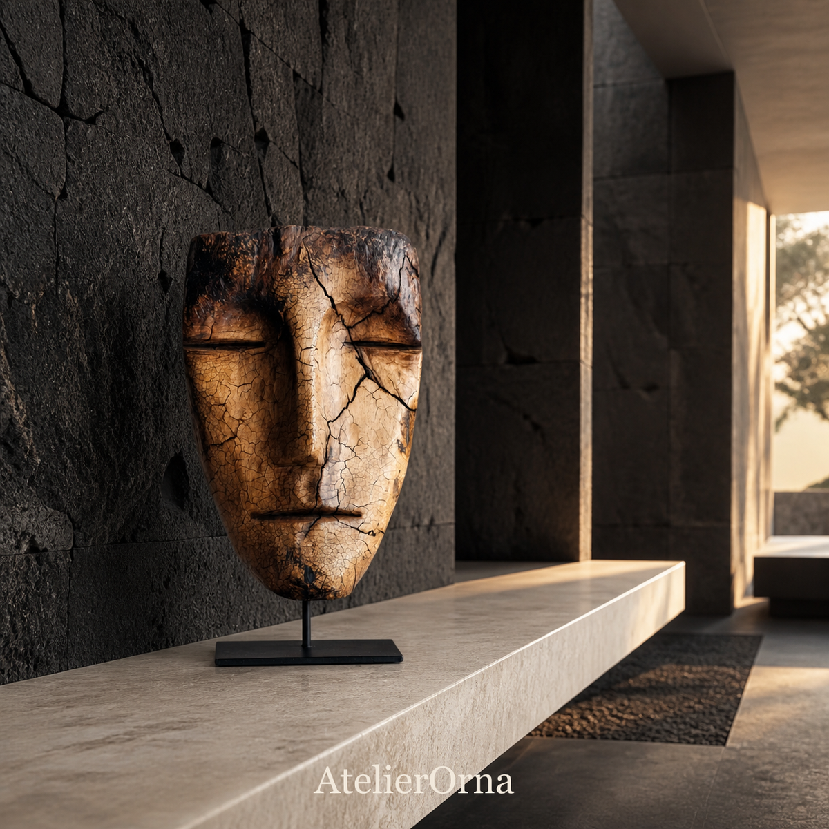 Charred Cracked Visage Mask Sculpture