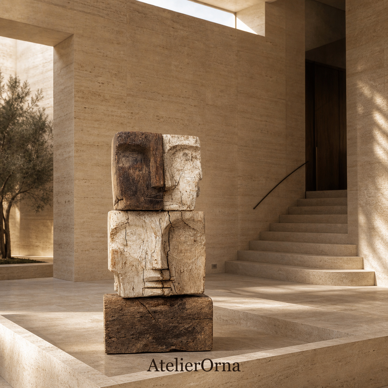 Split Totem Stacked Visage Sculpture