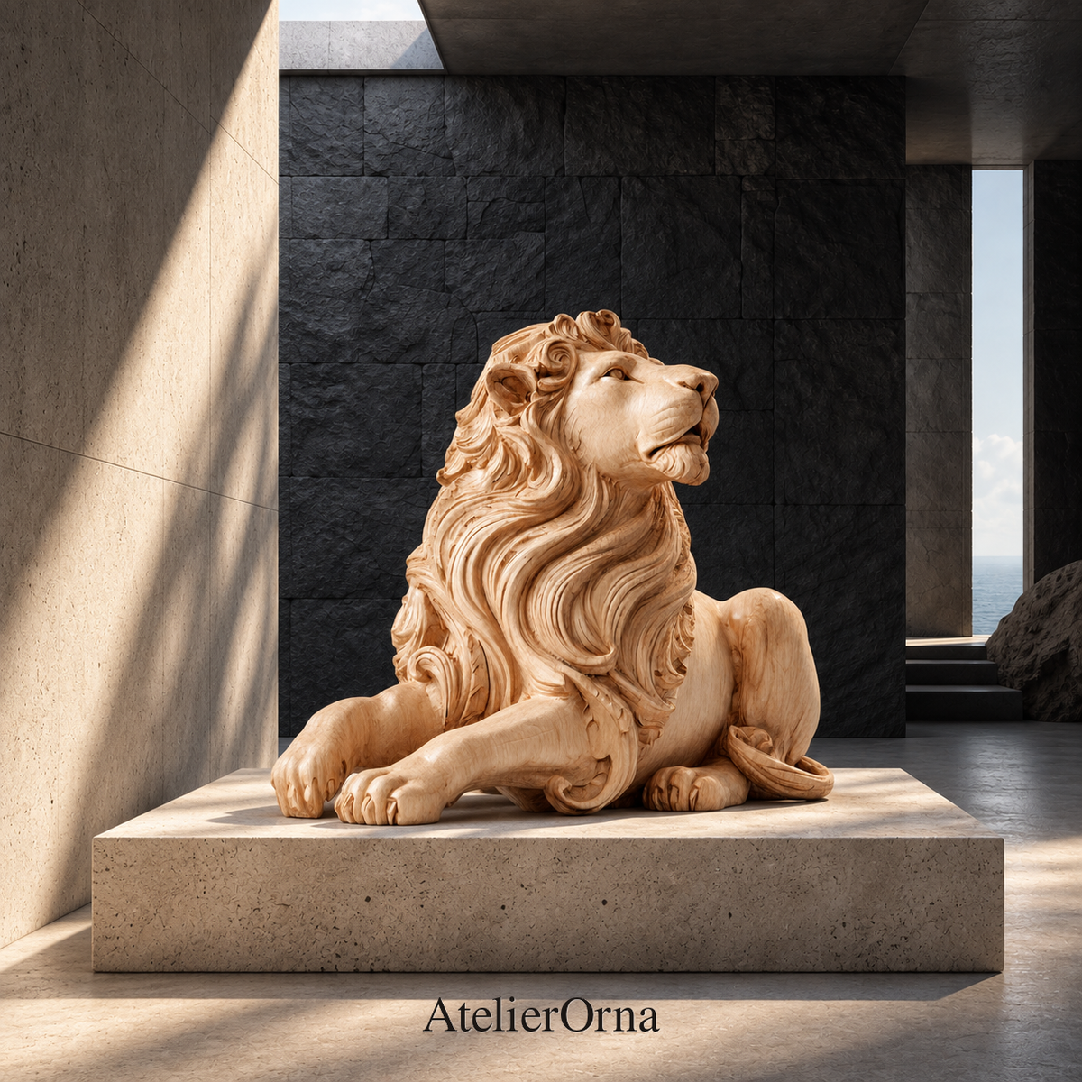 Serene Monarch: The Hand-Carved Reclining Lion Sculpture | Wood Sculpture