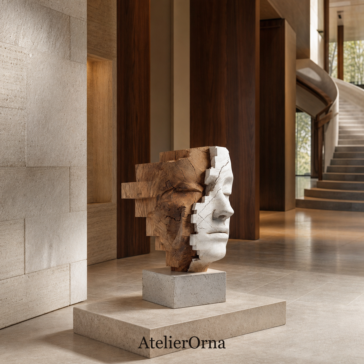 Fragmented Duality | Abstract Wood Face Sculpture