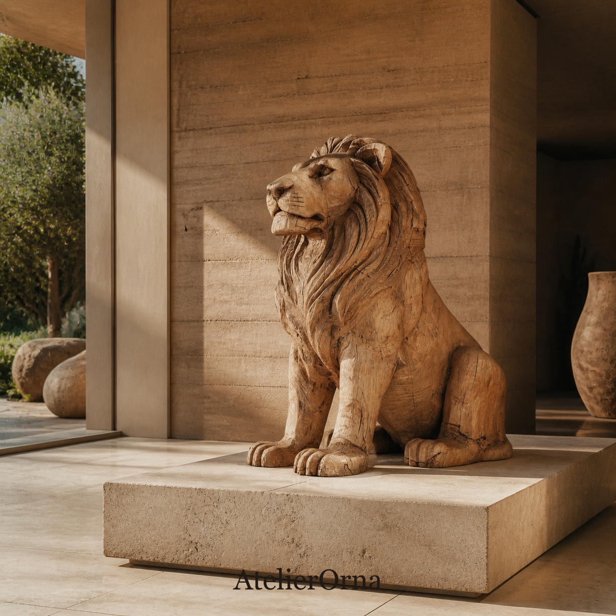 Rustic Regal | Hand-Carved Wood Lion Sculpture