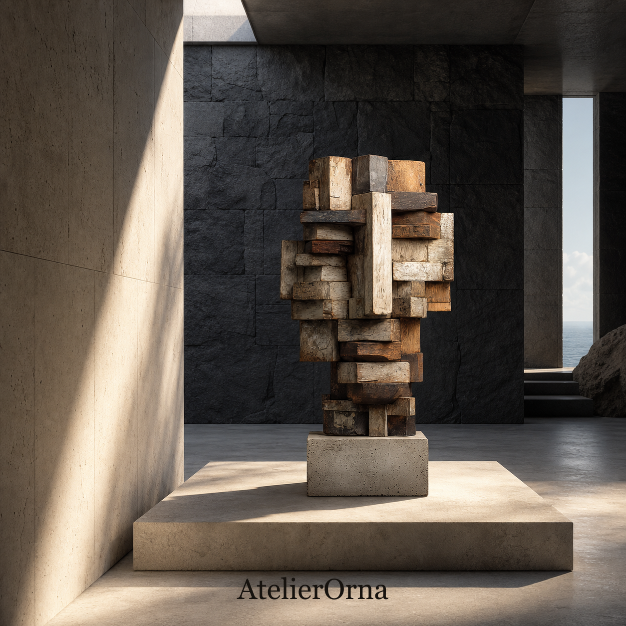 Weathered Block Totem | Reclaimed Wood Sculpture