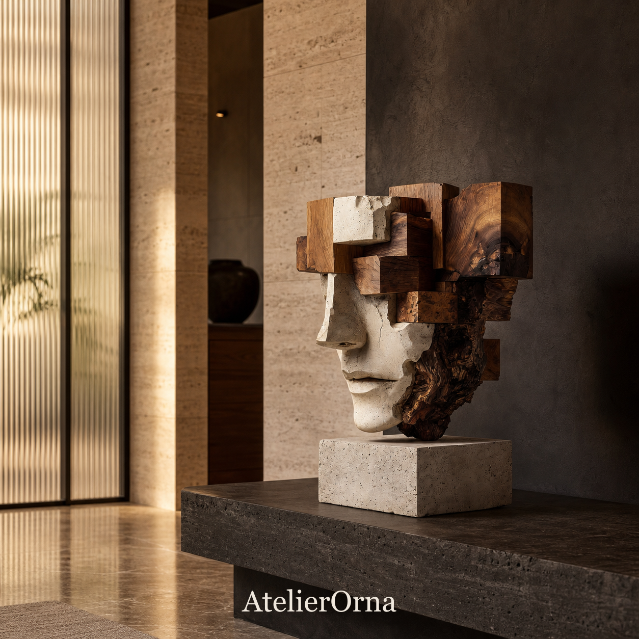 Fragmented Mind | Cubist Wood Head Sculpture