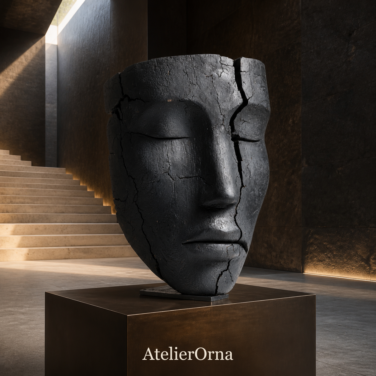 Charred Split Eroded Visage Sculpture