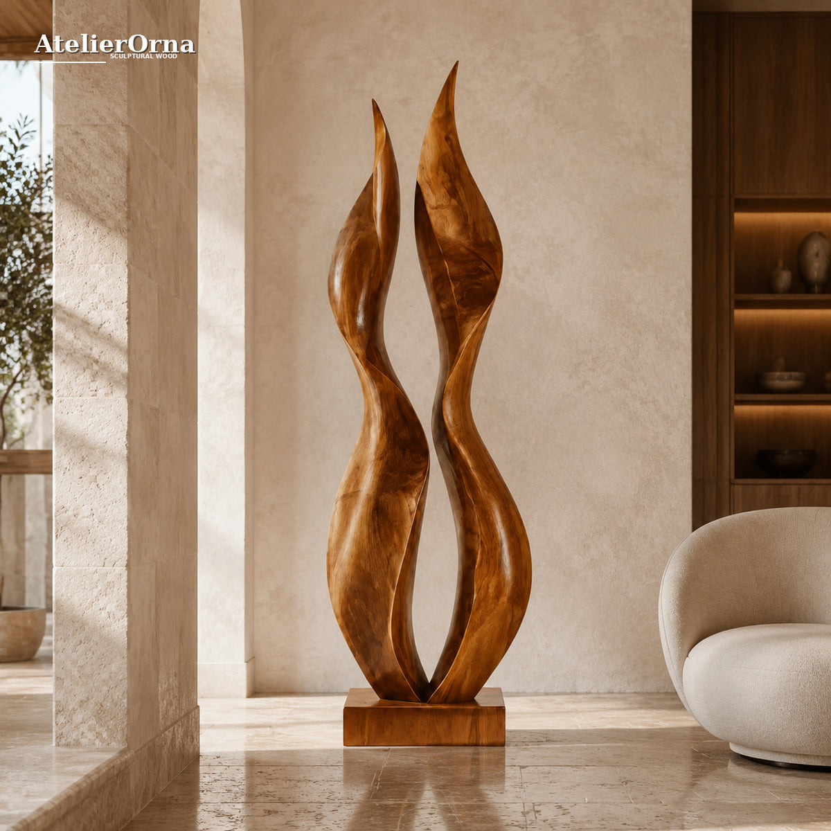 Large Wood Sculpture | Paired Flame Spire
