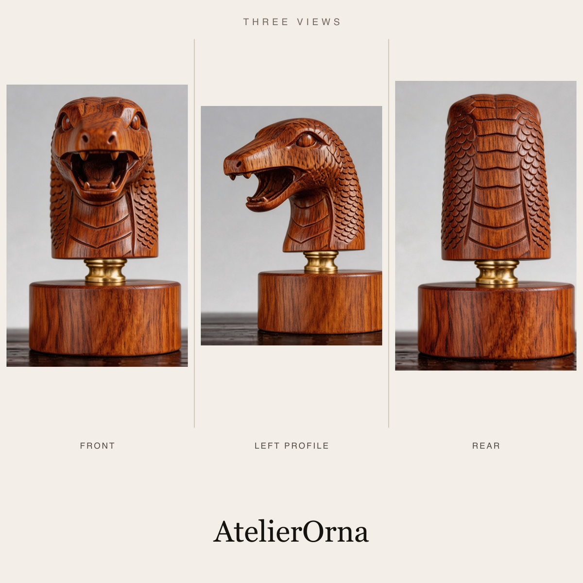 Hand-Carved Wooden Snake Head Bust