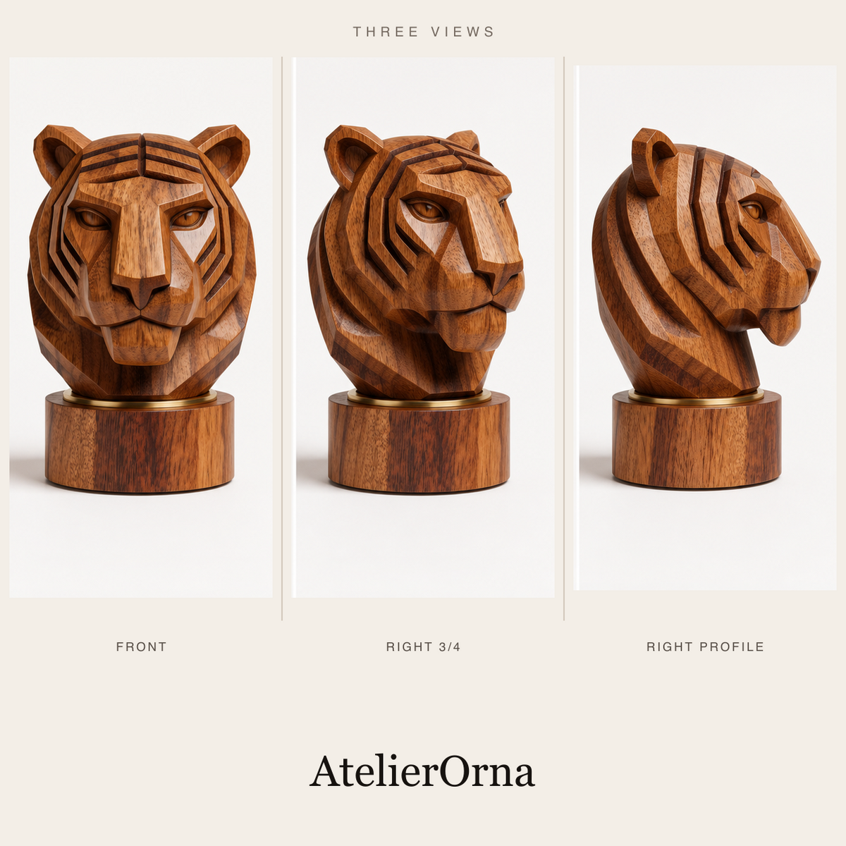 Hand-Carved Geometric Tiger Head Sculpture