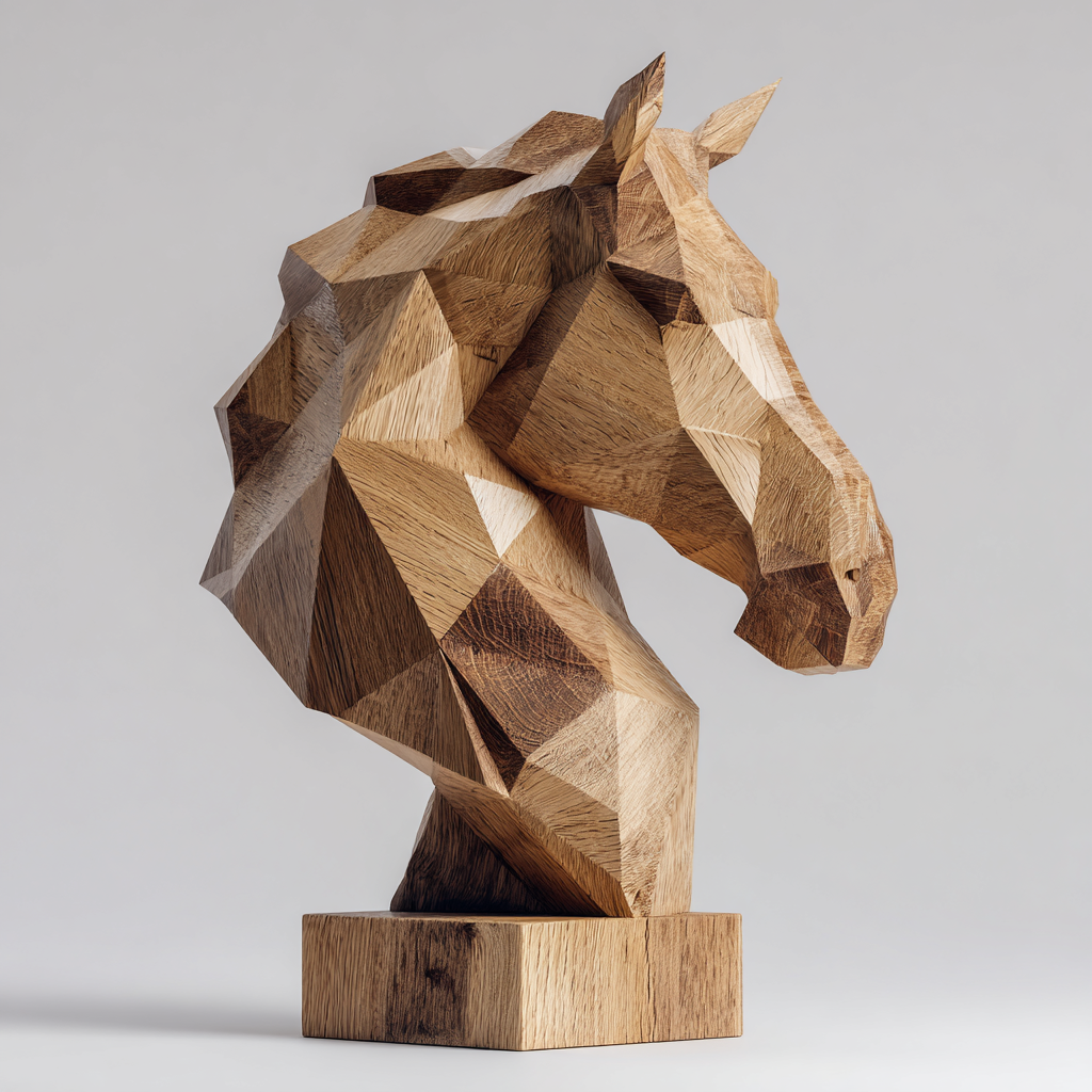 Geometric Equus: The Polygonal Wooden Horse Head Sculpture | Wood Sculpture