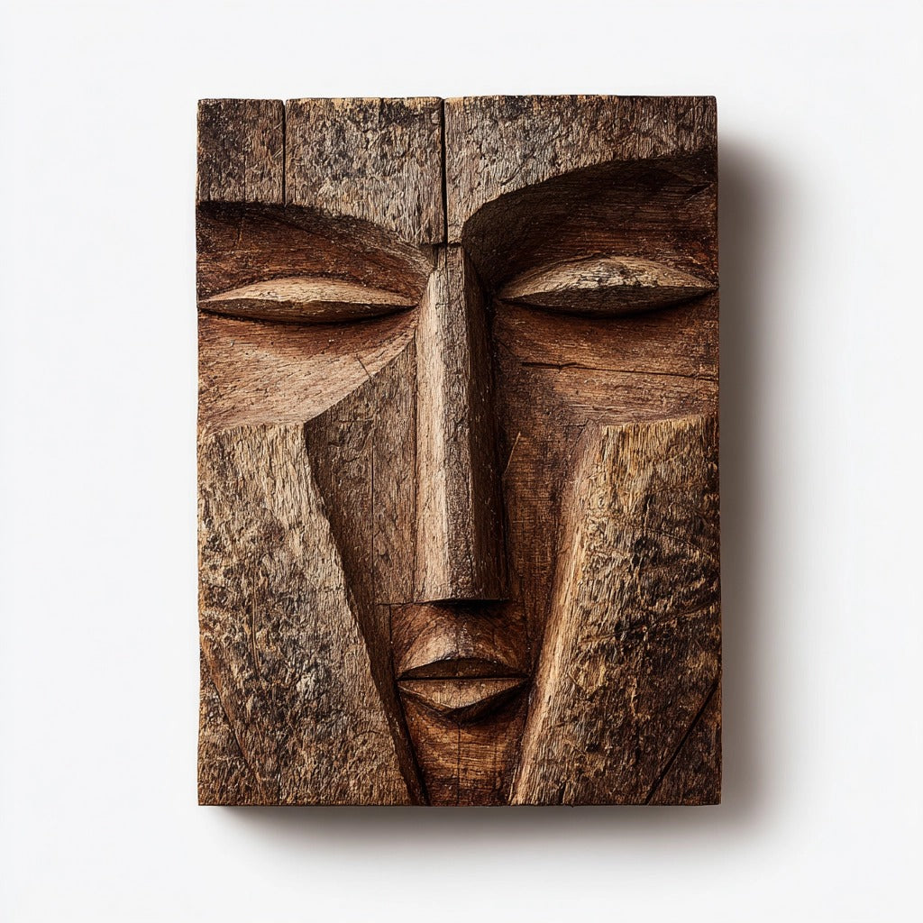Serene Monolith: The Geometric Wood Relief Mask｜Wood Sculpture