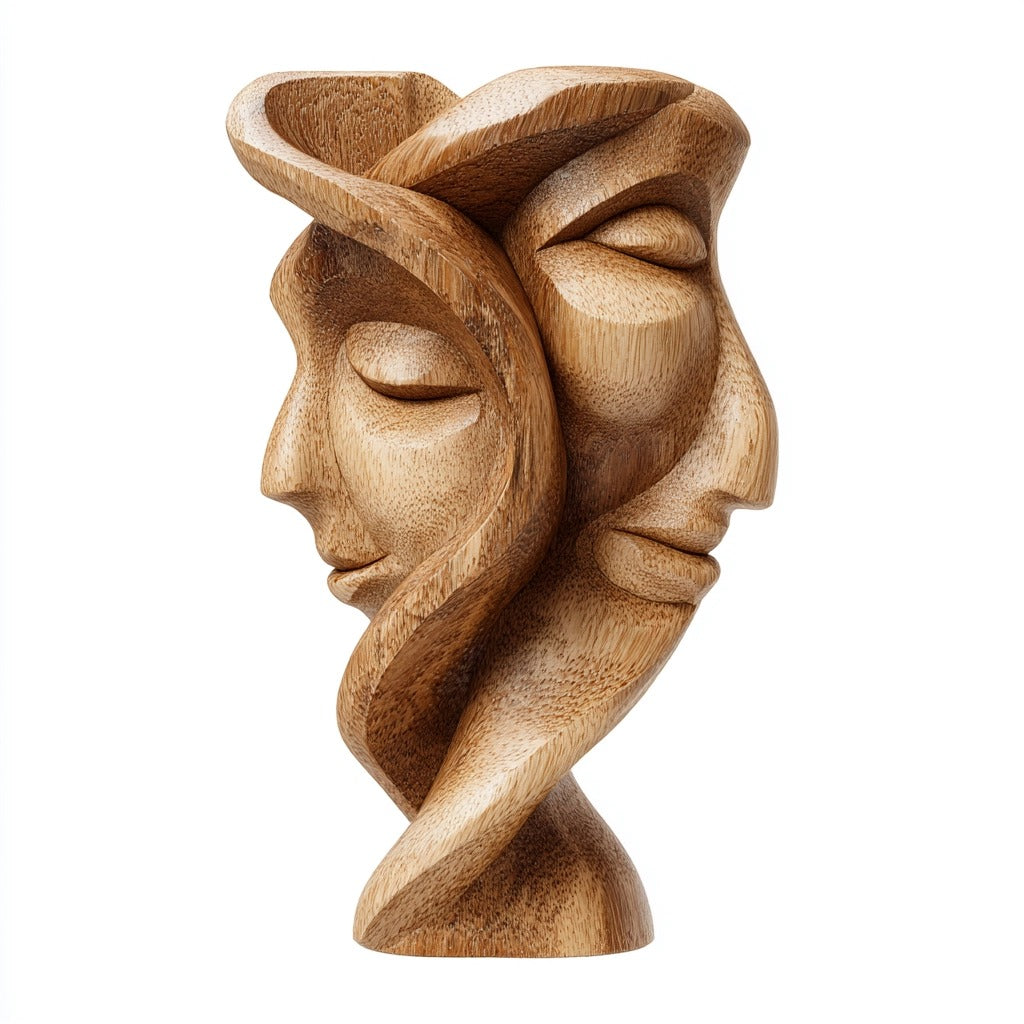 Ethereal Embrace: The Swirling Dual Visage｜ Wood Sculpture