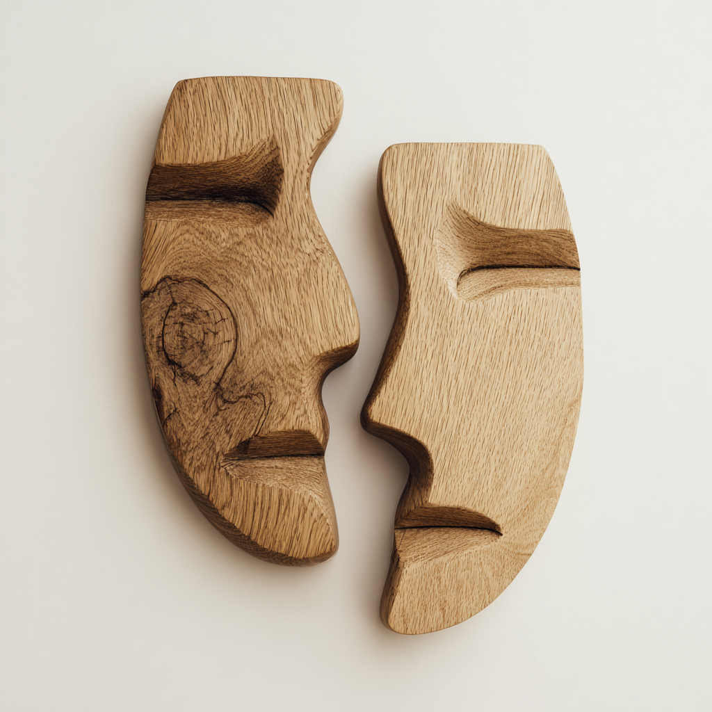 Dual Serenity: The Split Oak Face Masks ｜Wood Sculpture