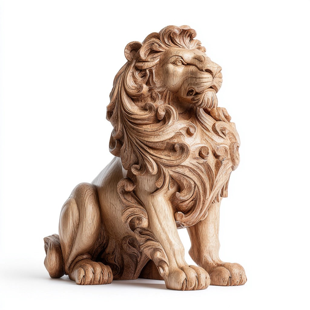 Regal Sentinel: The Hand-Carved Ornate Seated Lion Sculpture | Wood Sculpture