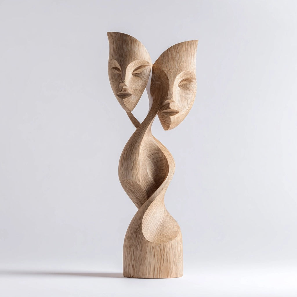 Seraph & Solace: The Embracing Faces｜ Wood Sculpture