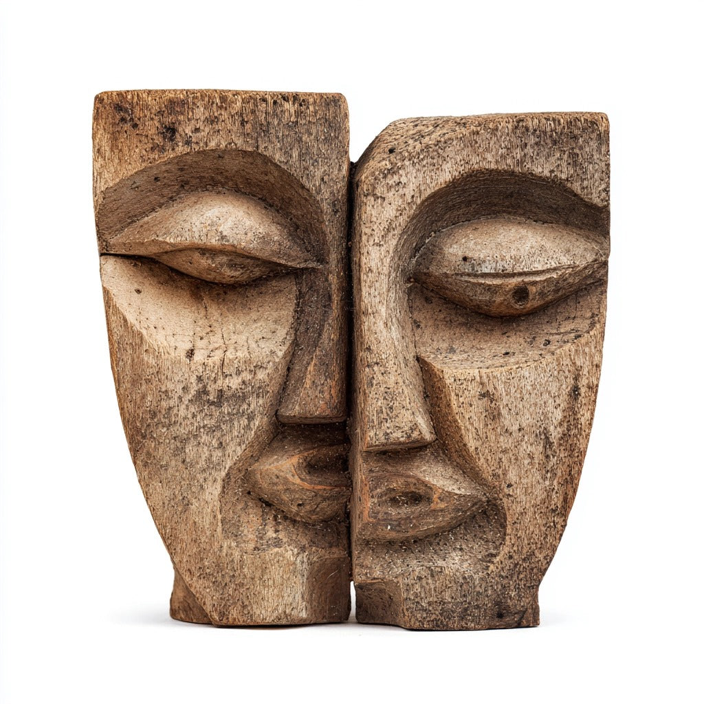 Dual Serenity: The Weathered Twin Visage｜ Wood Sculpture