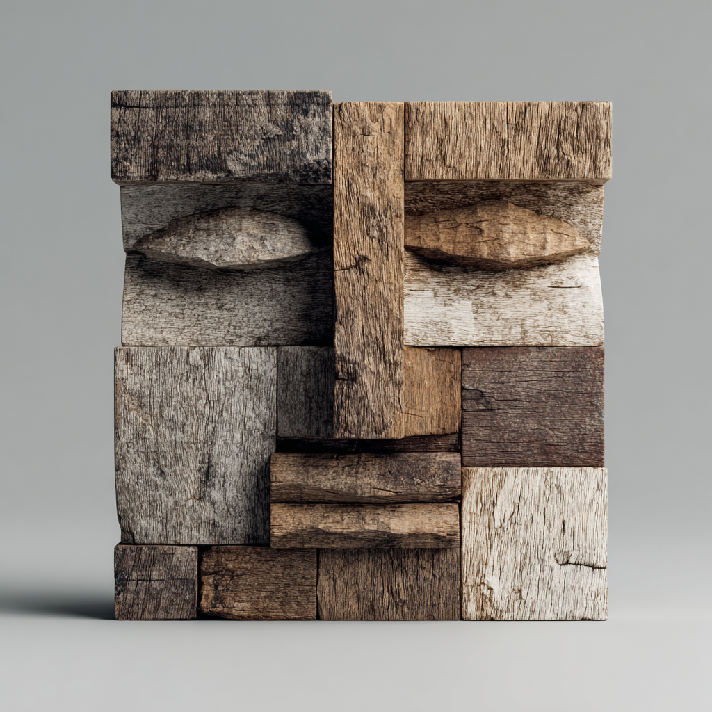 Primitive Echo: The Reclaimed Block Visage｜ Wood Sculpture
