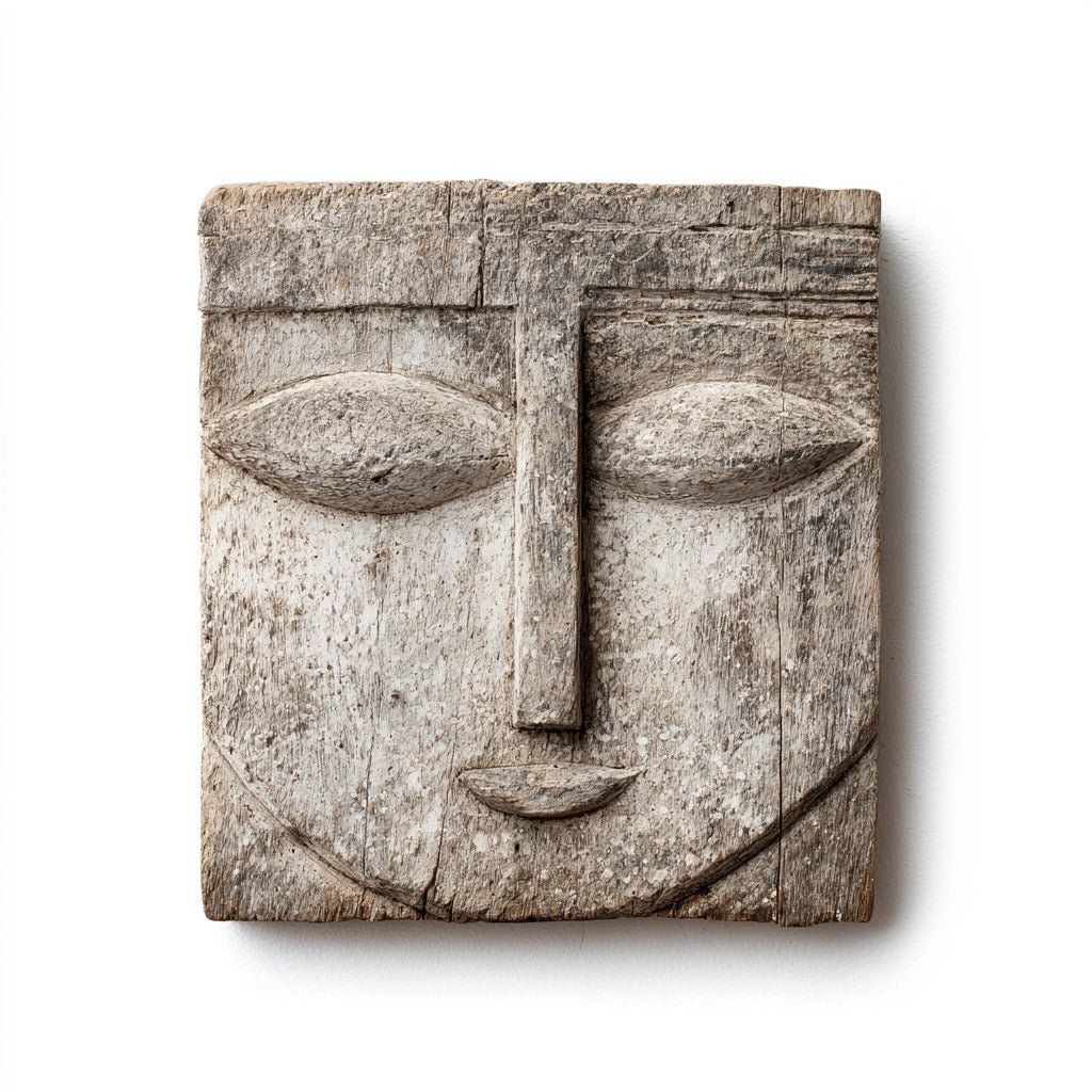 Square Serenity: The Weathered Wood Relief Mask｜Wood Sculpture
