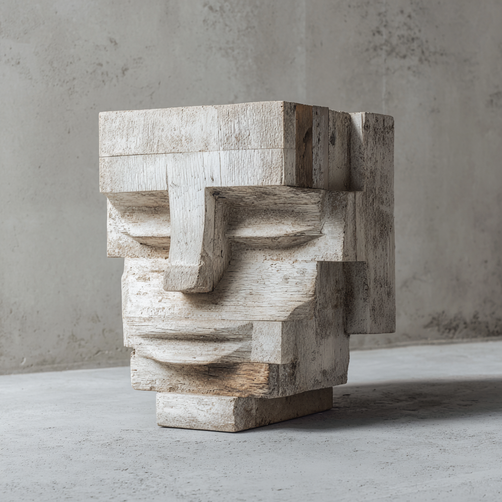 Monolithic Whisper: The Weathered Block Visage｜ Wood Sculpture