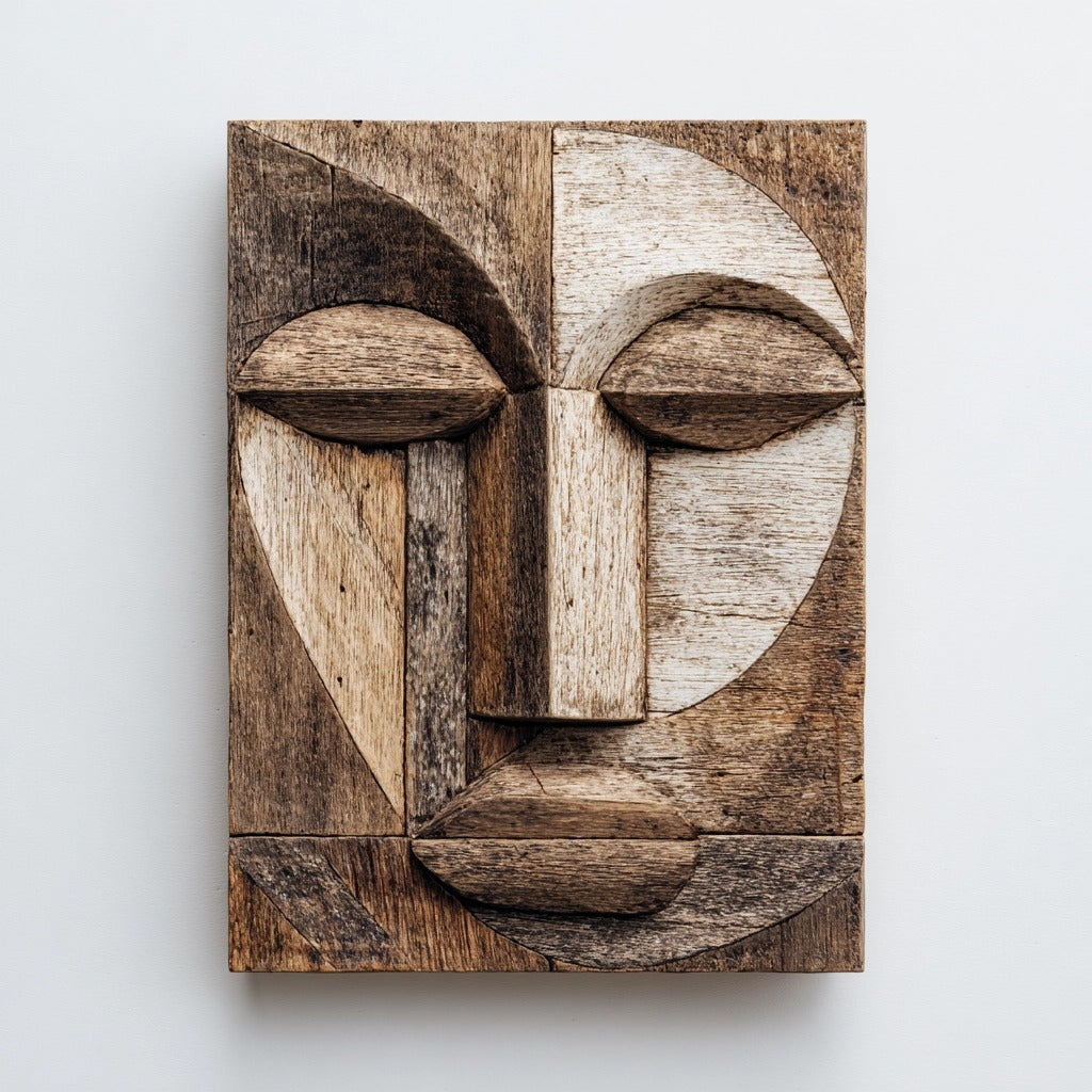 Geometric Balance: The Reclaimed Wood Mosaic Face Relief ｜Wood Sculpture
