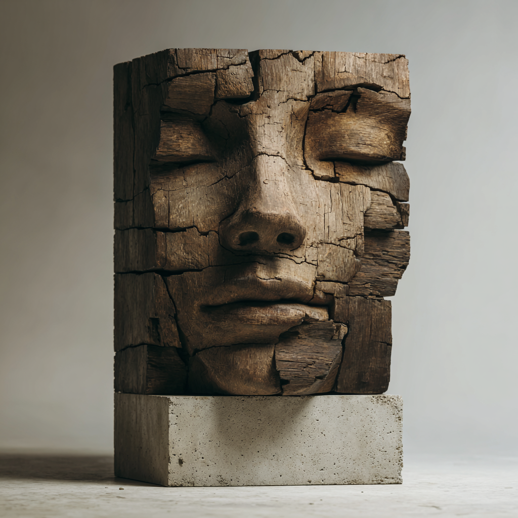 Cracked Eternity: The Weathered Block Visage｜ Wood Sculpture