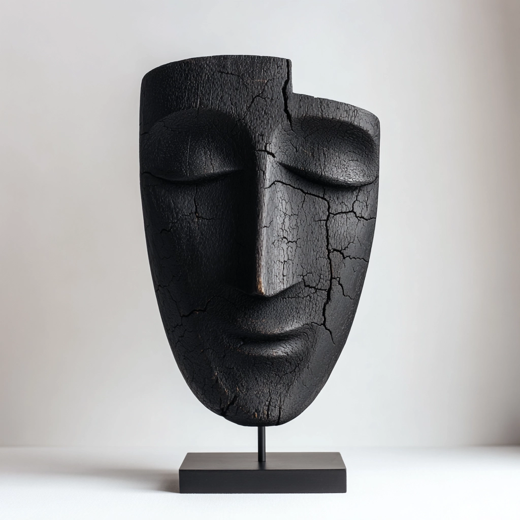 Charred Fragmented Eroded Mask Sculpture