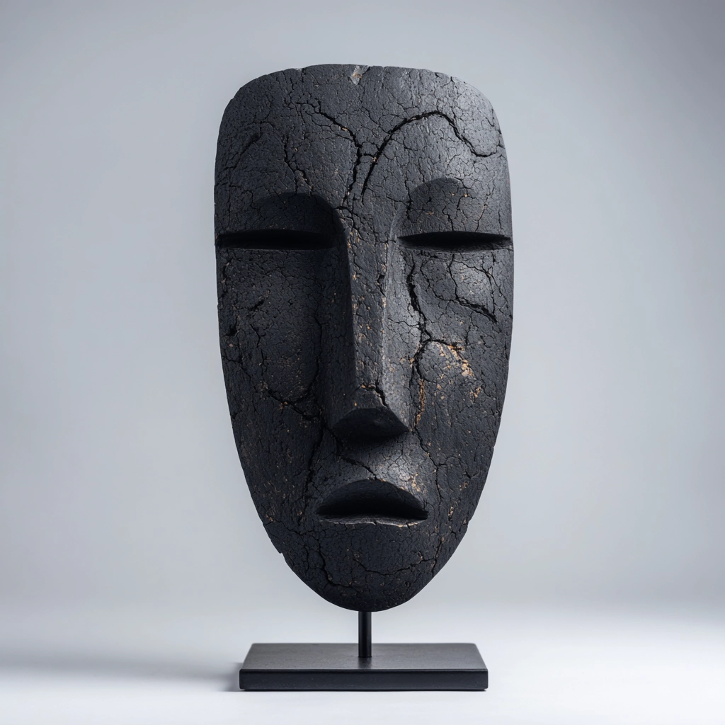 Charcoal Black Eroded Mask Sculpture