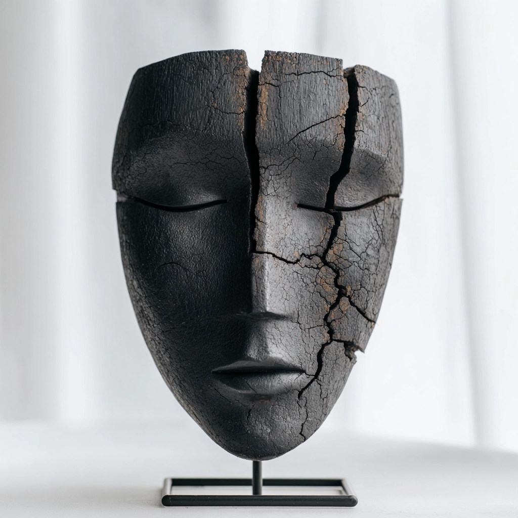 Fragmented Charred Visage Mask Sculpture