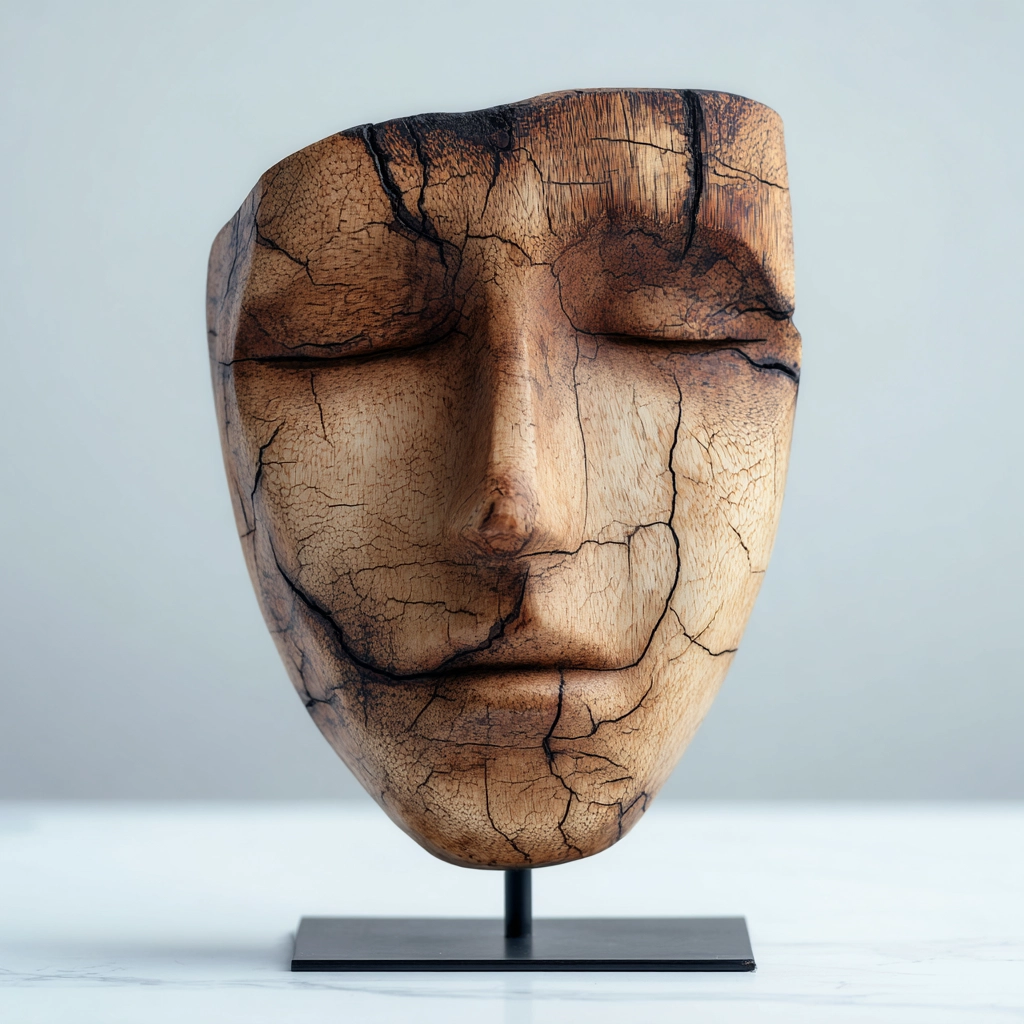 Weathered Cracked Visage Mask Sculpture