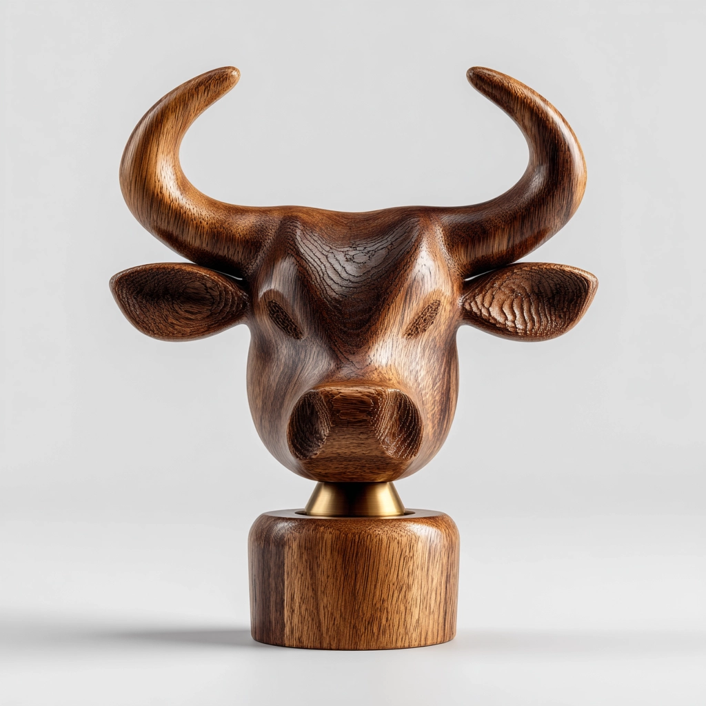 Hand-Carved Modernist Wooden Bull Head Sculpture