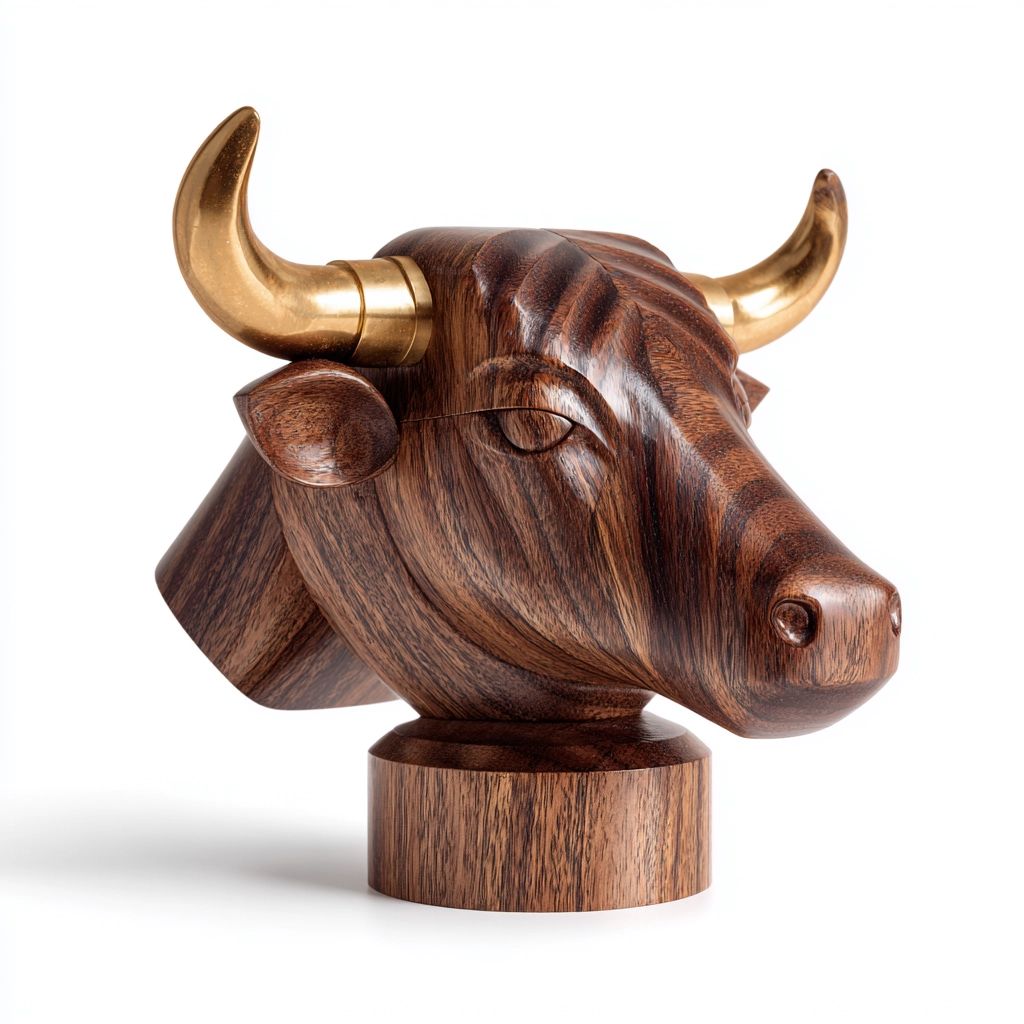 Hand-Carved Ox Head Bust Wooden Sculpture with Brass Horns & Base