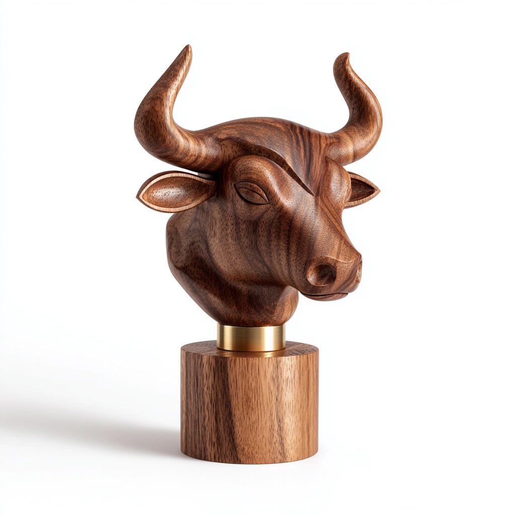 Hand-Carved Polished Wooden Ox Head Bust