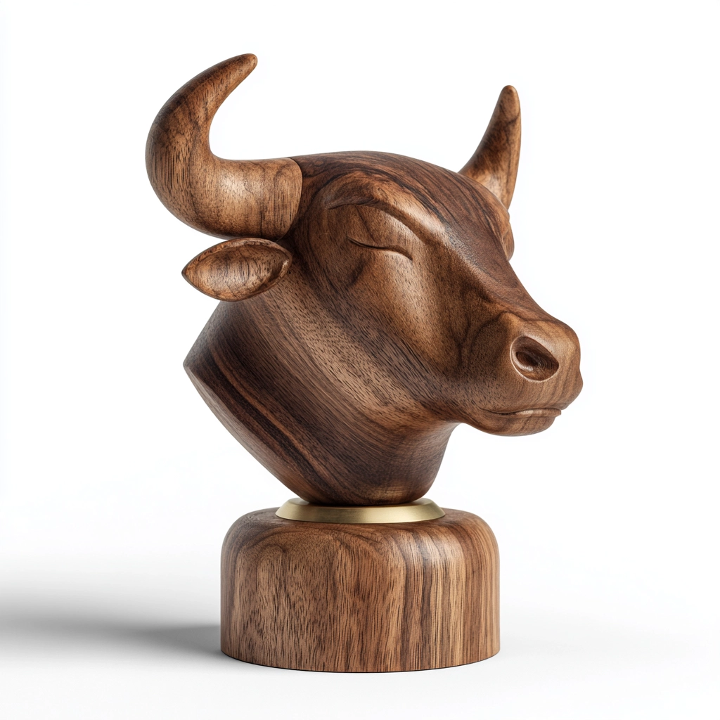 Hand-Carved Wooden Ox Head Bust