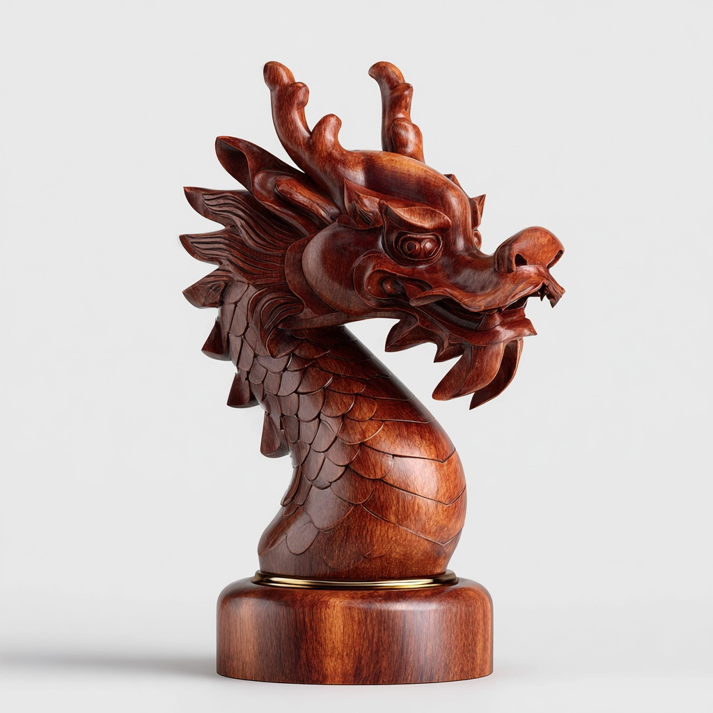 Hand-Carved Ornate Wooden Dragon Head Sculpture