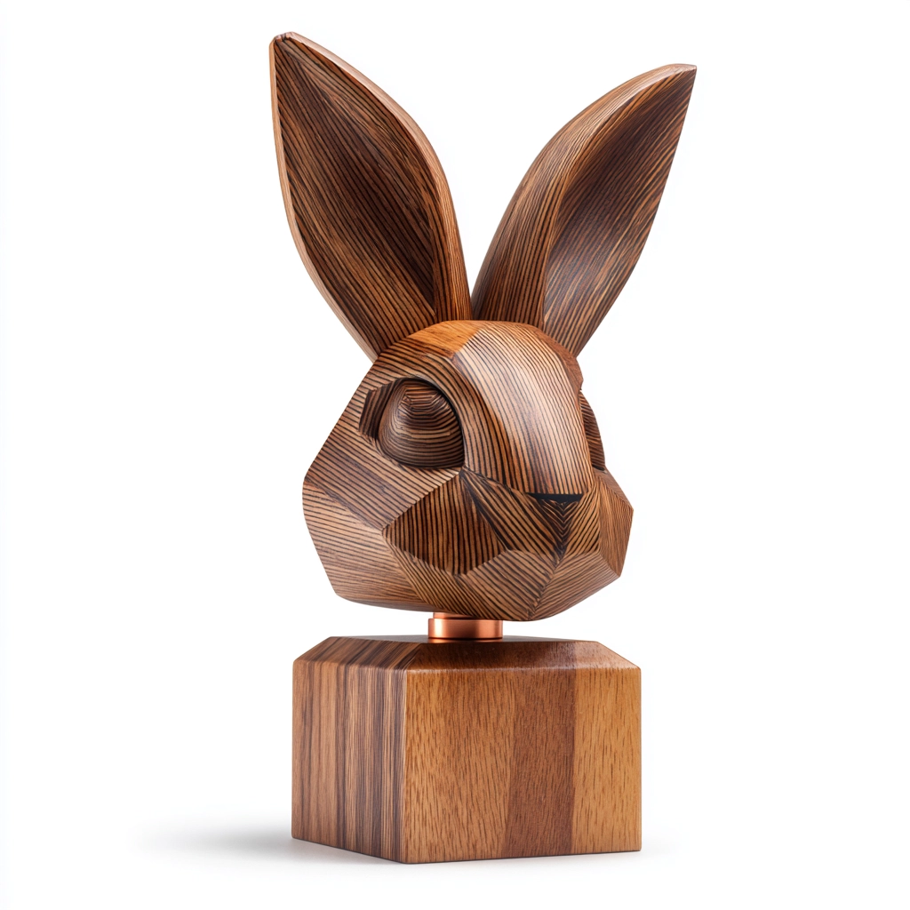 Hand-Carved Geometric Rabbit Head Sculpture