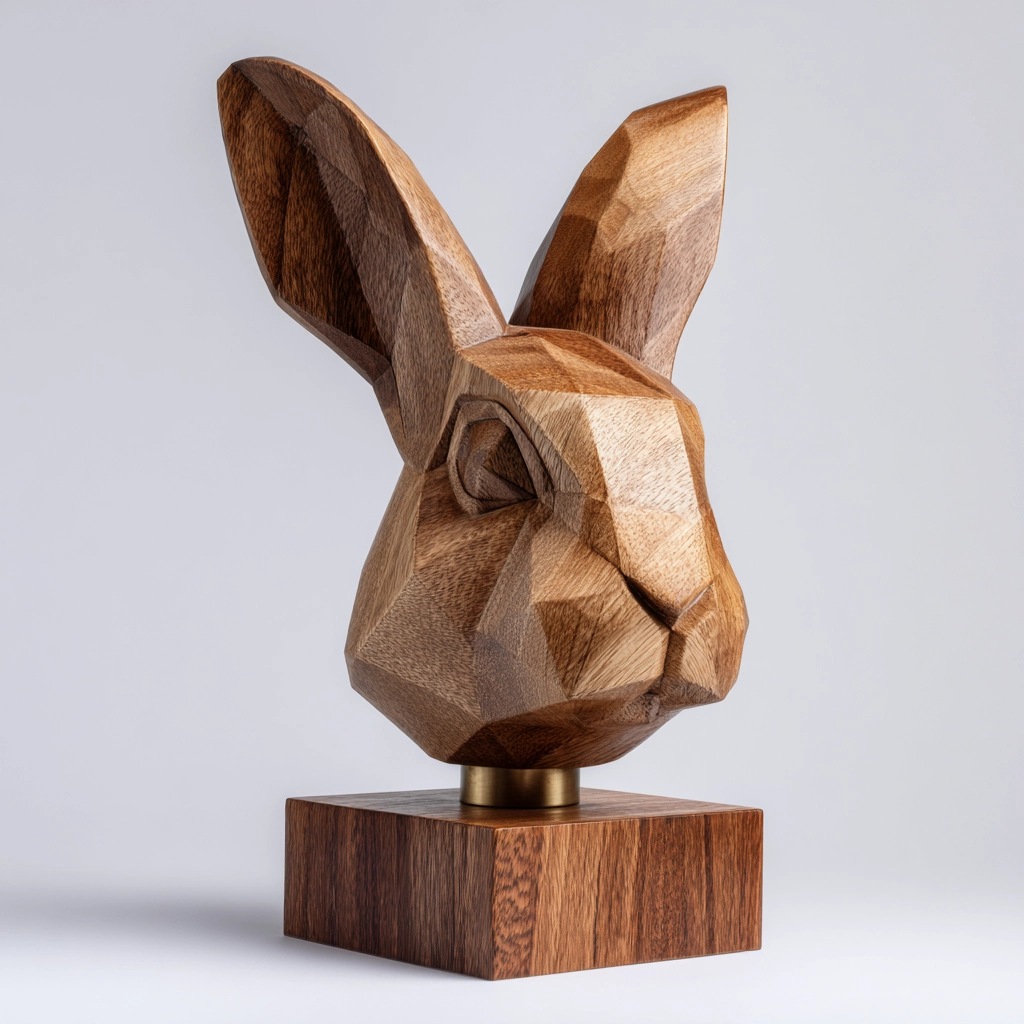 Hand-Carved Low-Poly Rabbit Head Sculpture
