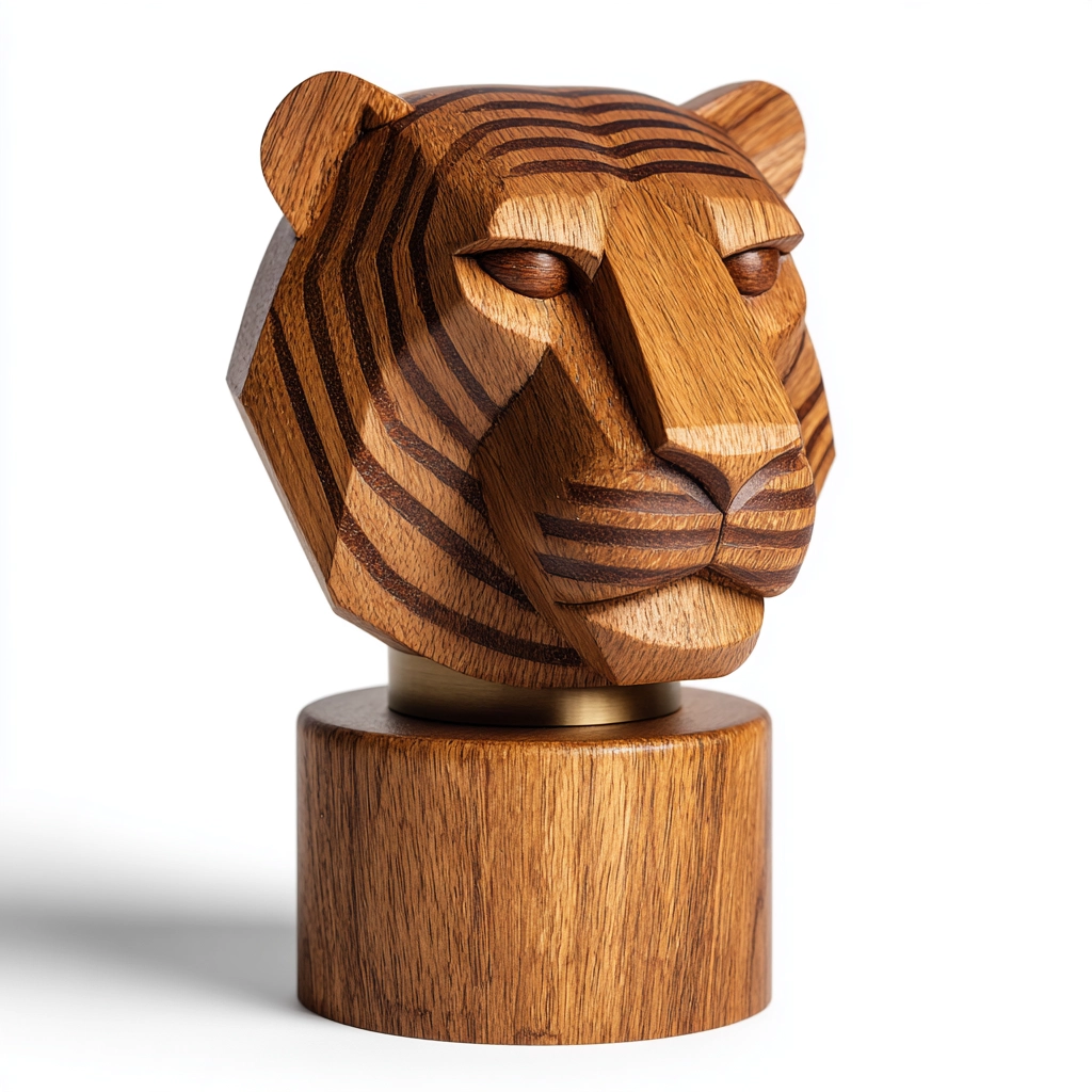 Hand-Carved Cubist Tiger Head Sculpture