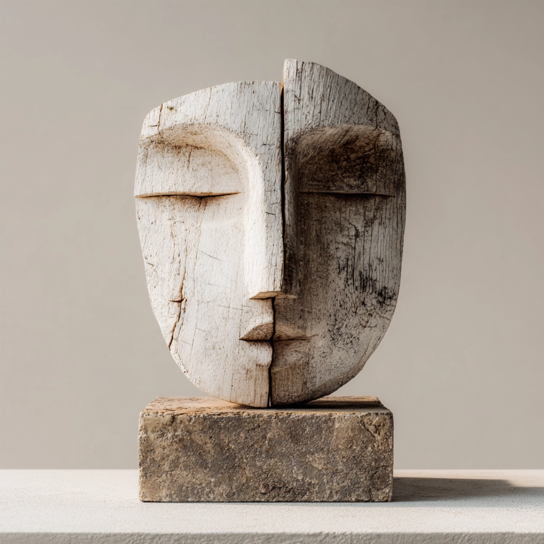 Duality Split-Face Weathered Sculpture  Wood Sculpture