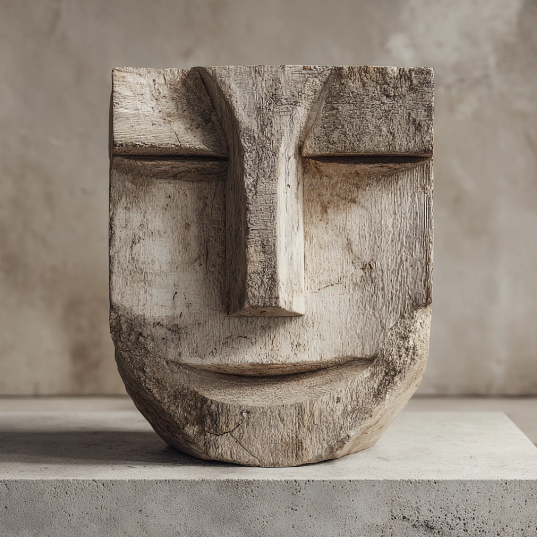 Serene Cubist Weathered Wooden Mask  Wood Sculpture