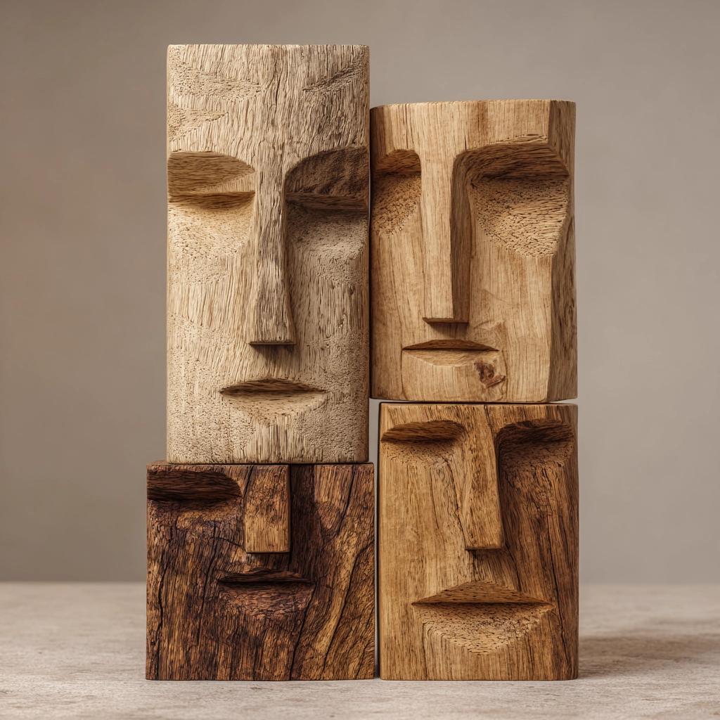 Quartet Cubist Wooden Faces Sculpture   Wood Sculpture