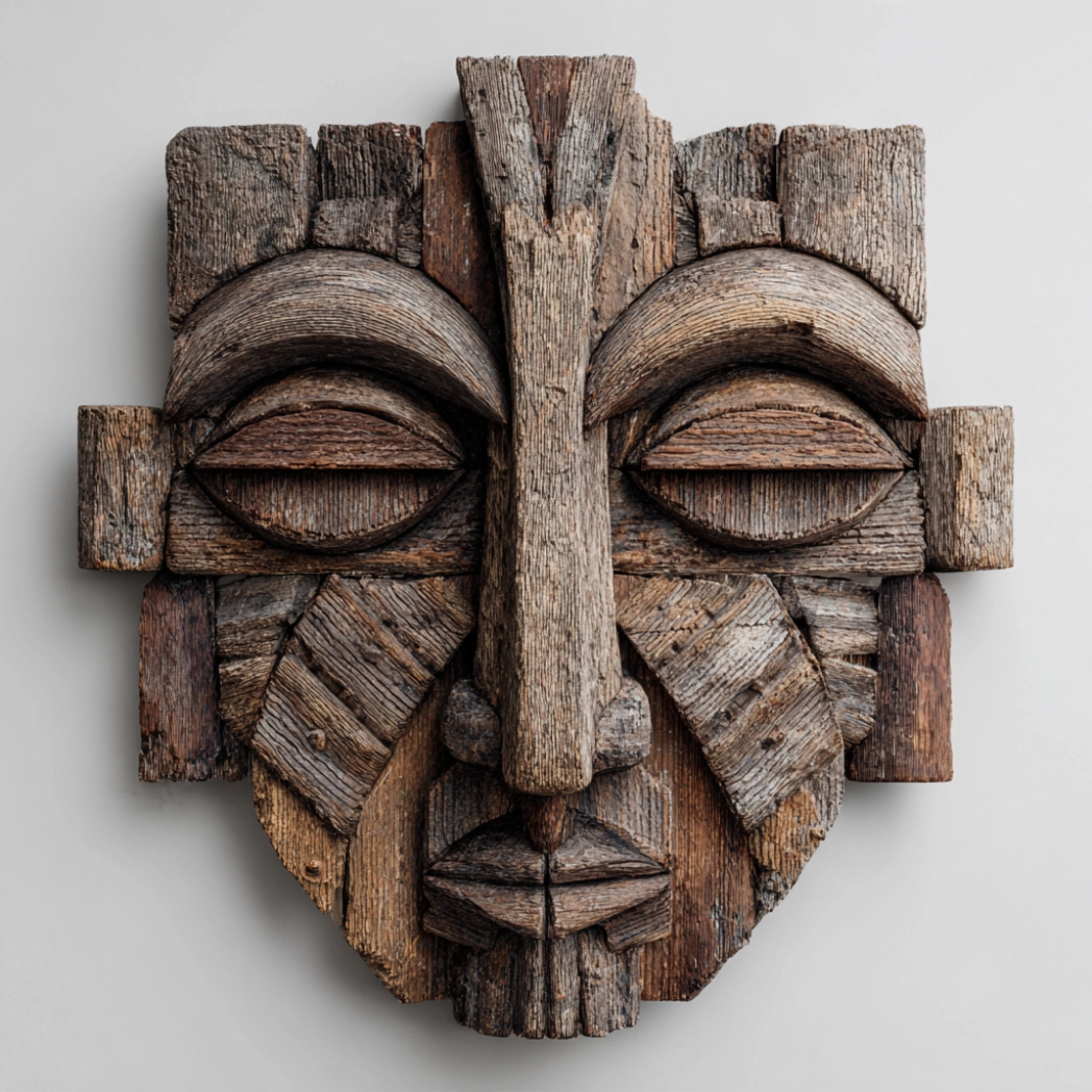Fragmented Tribal Deity Wooden Mask Wall Sculpture  Wood Sculpture