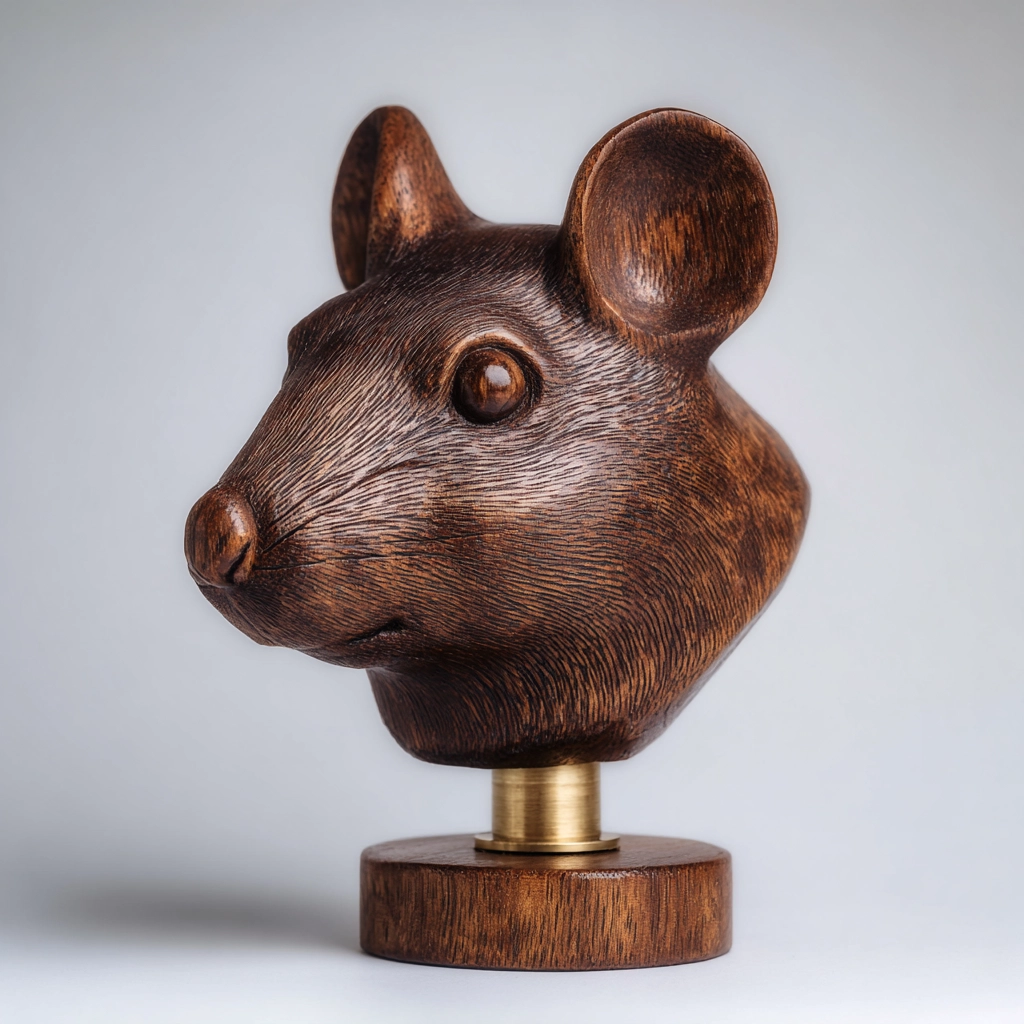 Hand-Carved Realistic Mouse Head Bust Wooden Sculpture with Brass Base