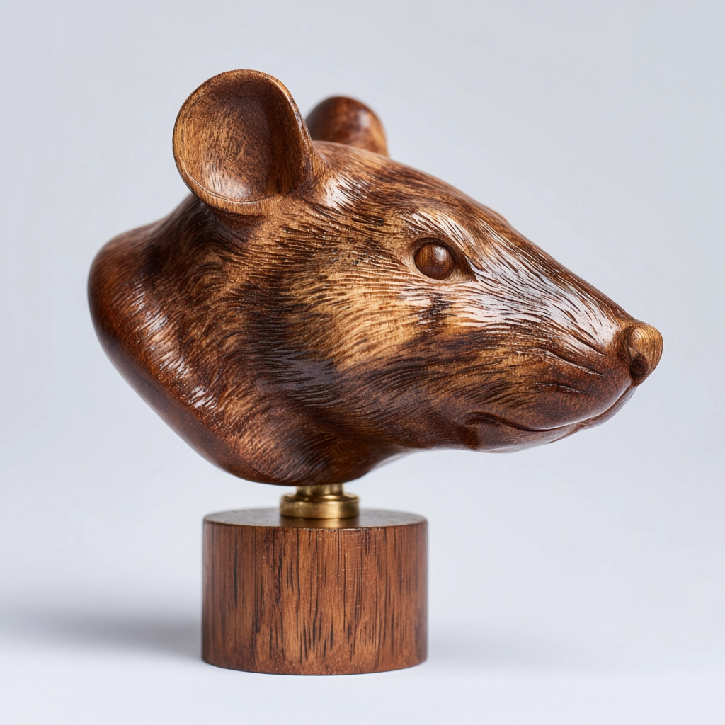 Hand-Carved Realistic Rat Head Bust Wooden Sculpture with Brass Base