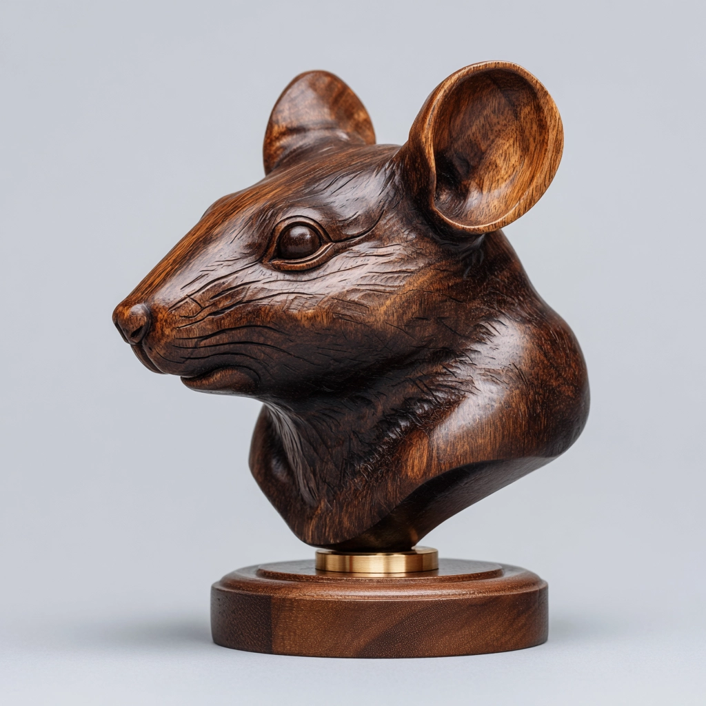 Hand-Carved Realistic Rat Head Bust Wooden Sculpture