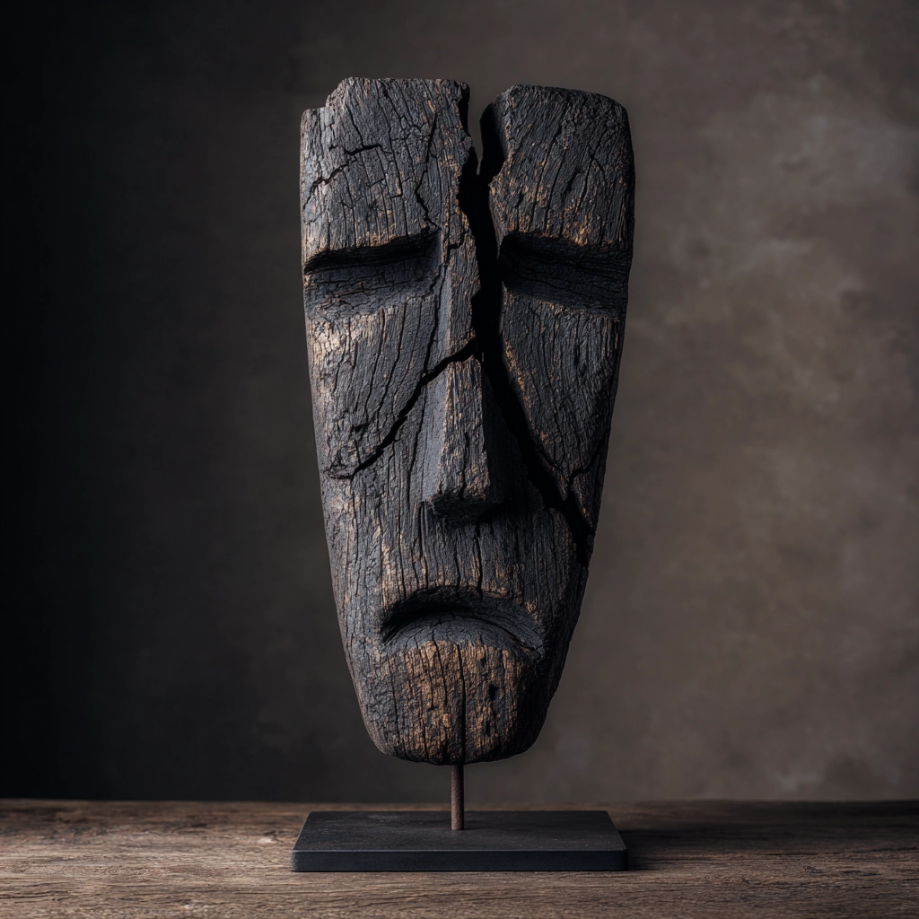 Fractured Charcoal Ancestral Mask l Wood Sculpture