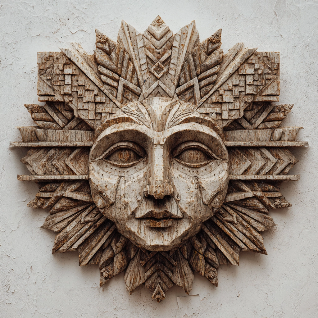 Ancestral Sun Deity Geometric Wooden Mask Wall Sculpture  Wood Sculpture