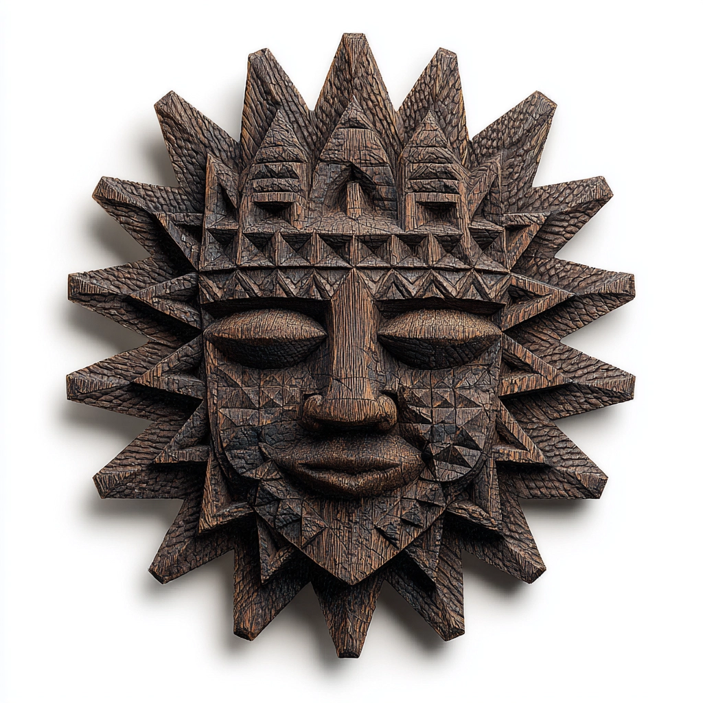Ancient Tribal Sun God Carved Wooden Mask Wall Sculpture  Wood Sculpture