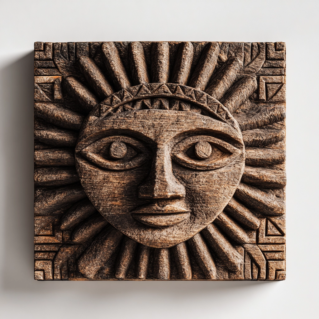 Hand-Carved Primitive Sun Face Wooden Relief Wall Sculpture  Wood Sculpture